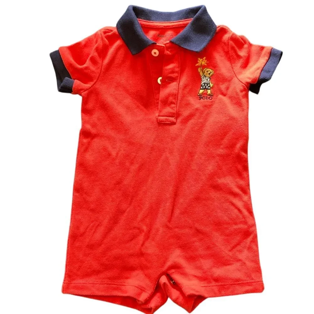 Ralph Lauren‎ Infant One Piece Outfit Size 3 Mo Bear Red Blue Americana July 4th